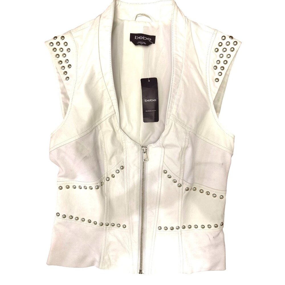 Bebe Small White Danica Studded Leather Zip Vest Y2K Moto Glamcore Clubwear Chic - Picture 13 of 13